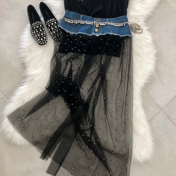 Denim & Sheer Maxi Skirt w/ beads, size small - Picture 2 of 2